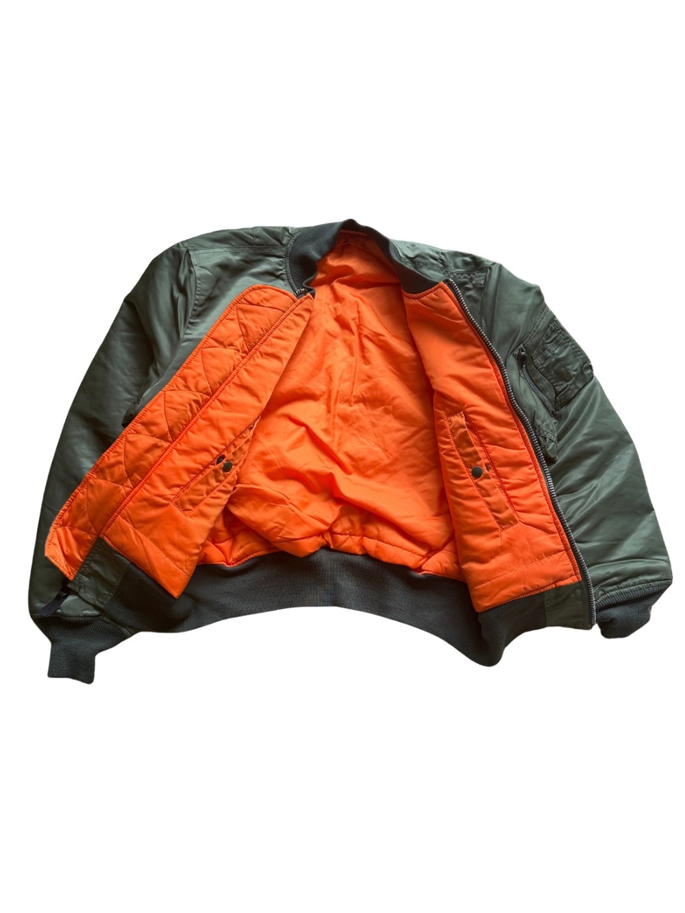 Men's Reversible Olive Green Bomber Jacket with Orange Lining - Picture 2 of 3